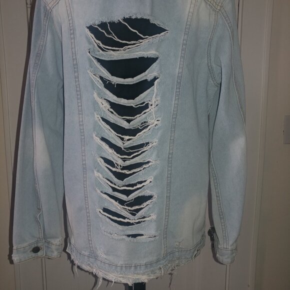 mono b: Distressed Ripped Light Wash Denim Jacket - Women's Size Large - Picture 4 of 11